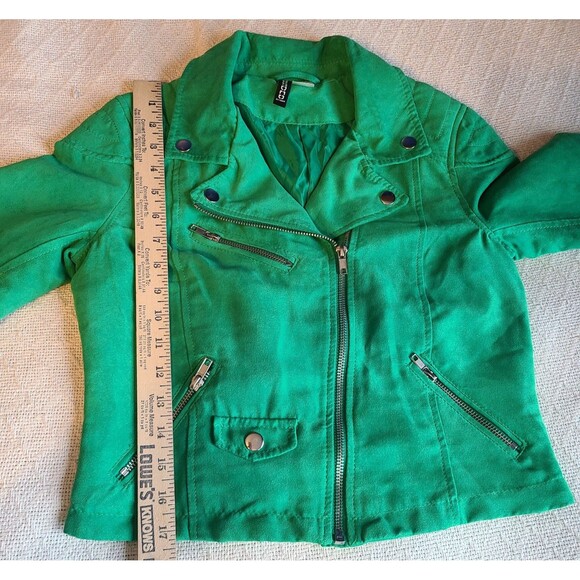 H&M Divided Faux Suede Burnout Velvet Green Zipper Moto Jacket Lined Womens 6 - Picture 11 of 13